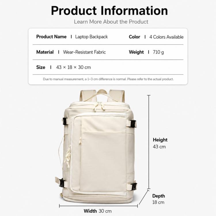 Cream laptop backpack with dimensions, top handle, and front strap details