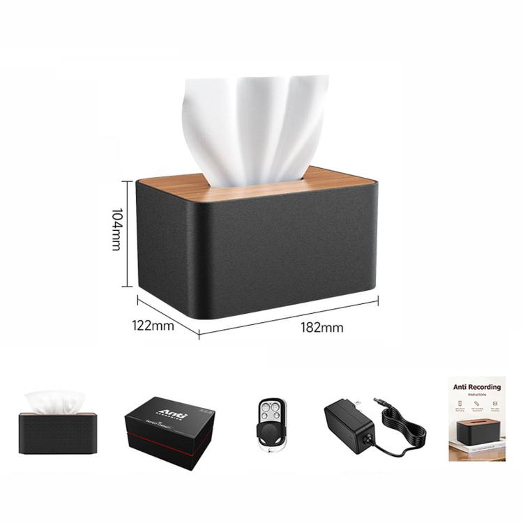 Black tissue box–style audio protection device with wooden lid, plus accessories