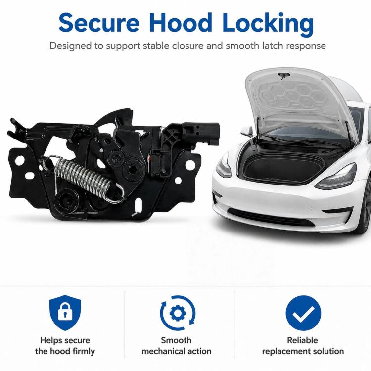 Black hood latch lock assembly next to an open front hood