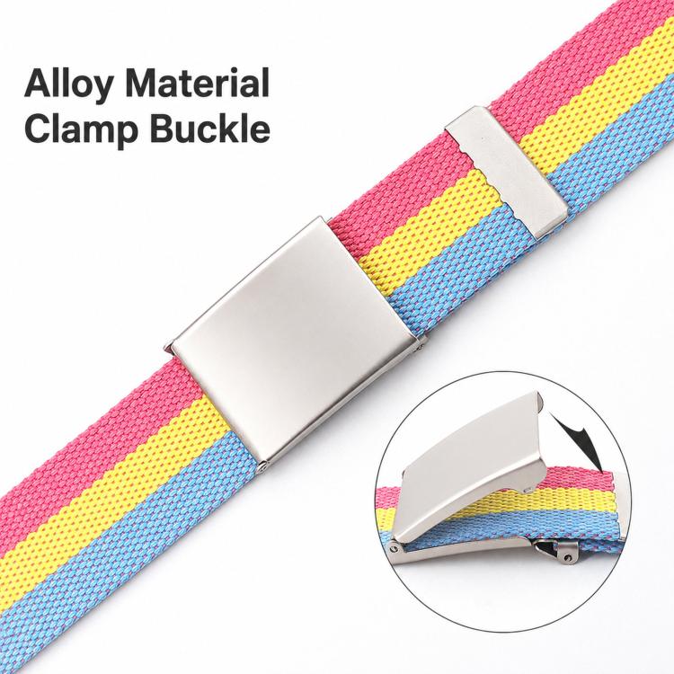 Clamp buckle on striped canvas belt with alloy metal flip-top opener head