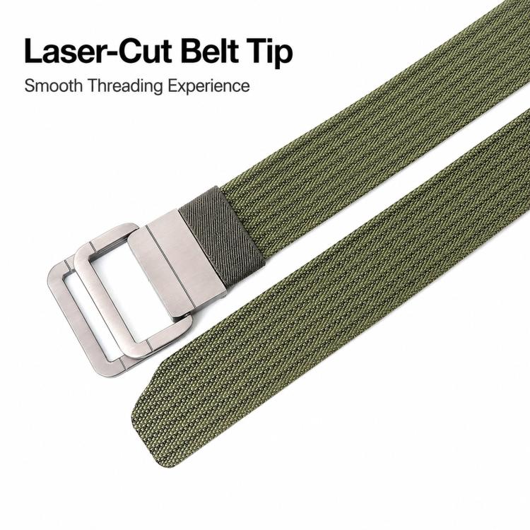 Green nylon belt tip with silver buckle and clean woven edge