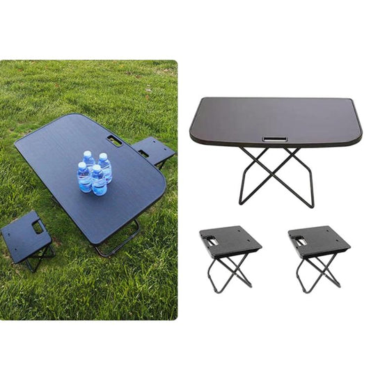 Foldable car camping table with two small stools, dark tabletop and cross-leg frames