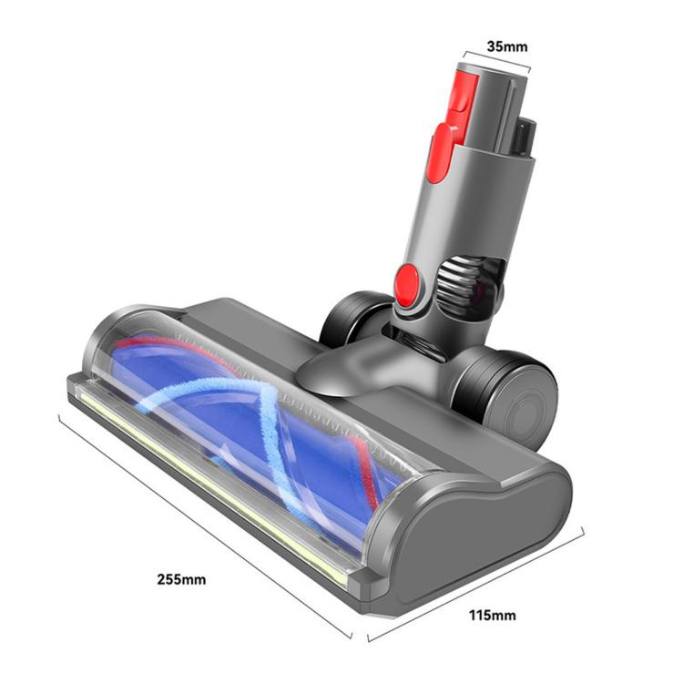 Grey floor vacuum brush head with clear window and blue rolling roller