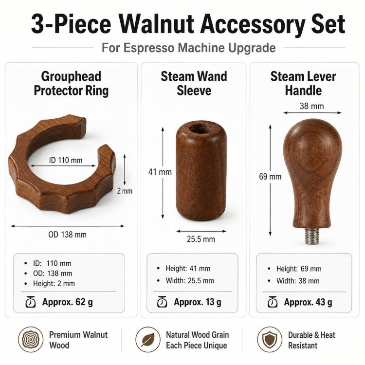 3-piece walnut accessory set: grouphead protector ring, steam wand sleeve, lever handle