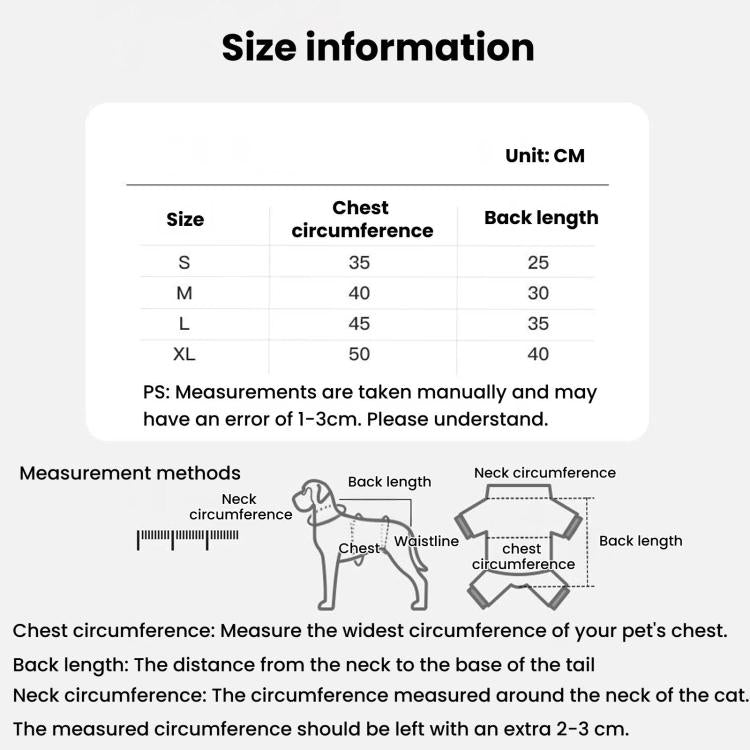 Size information chart for dog hoodie coat, unit CM