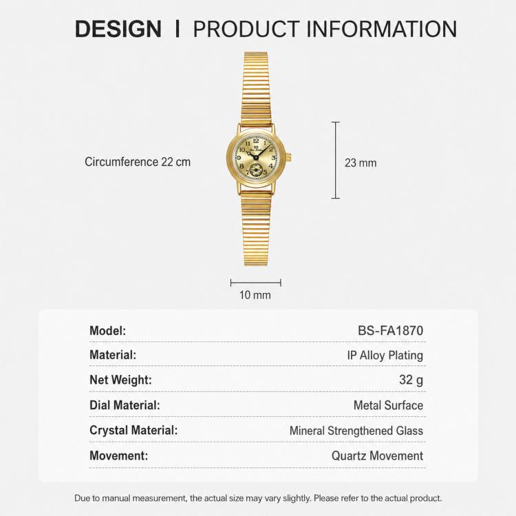 Product information card for BS small round quartz watch with expansion band and dial
