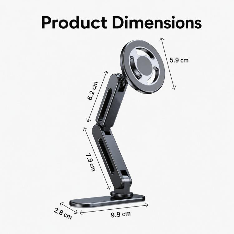 Black car phone mount with elongated double-jointed arm and circular magnetic head