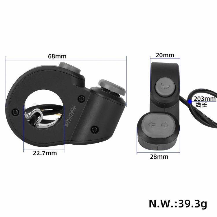 Horn and turn-signal switch assembly with labeled dimensions and weight