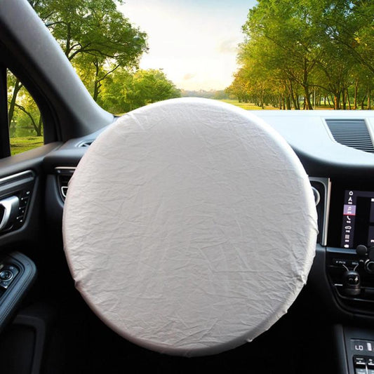 Silver fabric steering wheel sunshade cover, round with elastic edge
