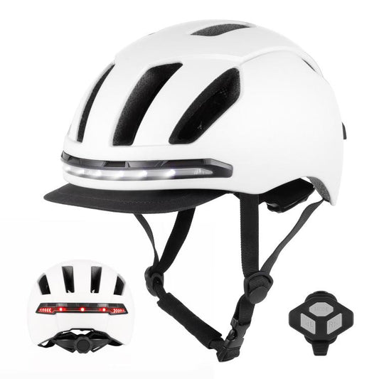 White smart bike helmet with front LED safety light and adjustable chin straps