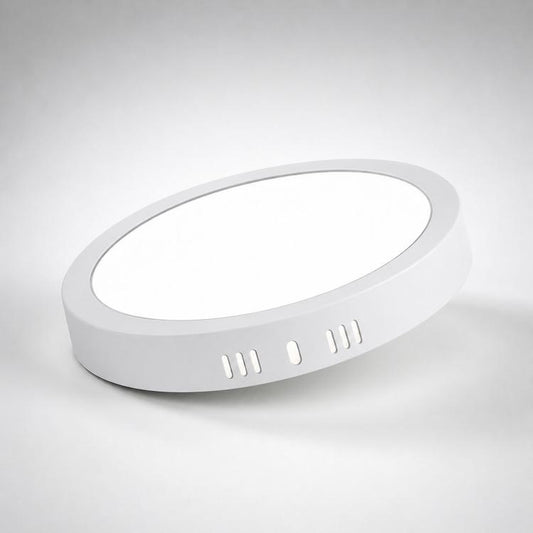 Round white flush-mount LED ceiling panel light with built-in diffuser and side vent slots