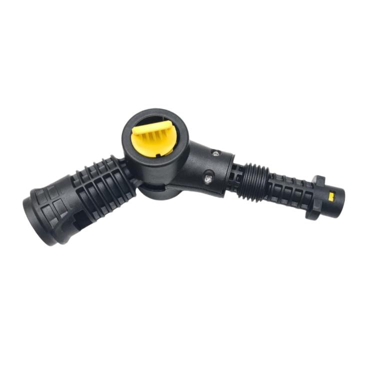 Pressure washer T-valve connector with black hoses and yellow cap button