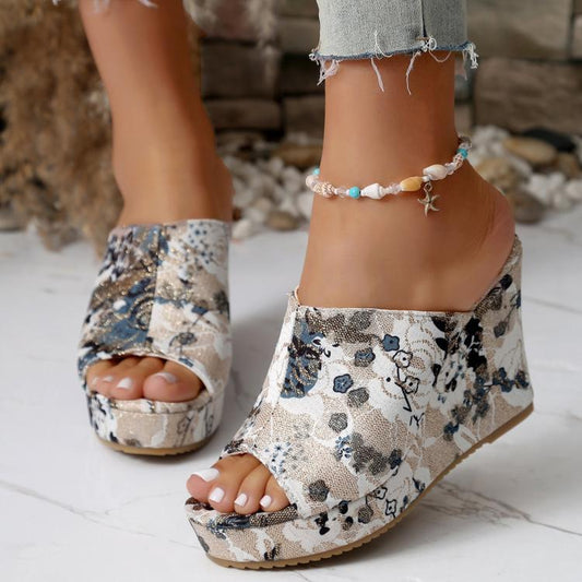 Womens floral print peep-toe wedge sandals with fabric upper and platform heel