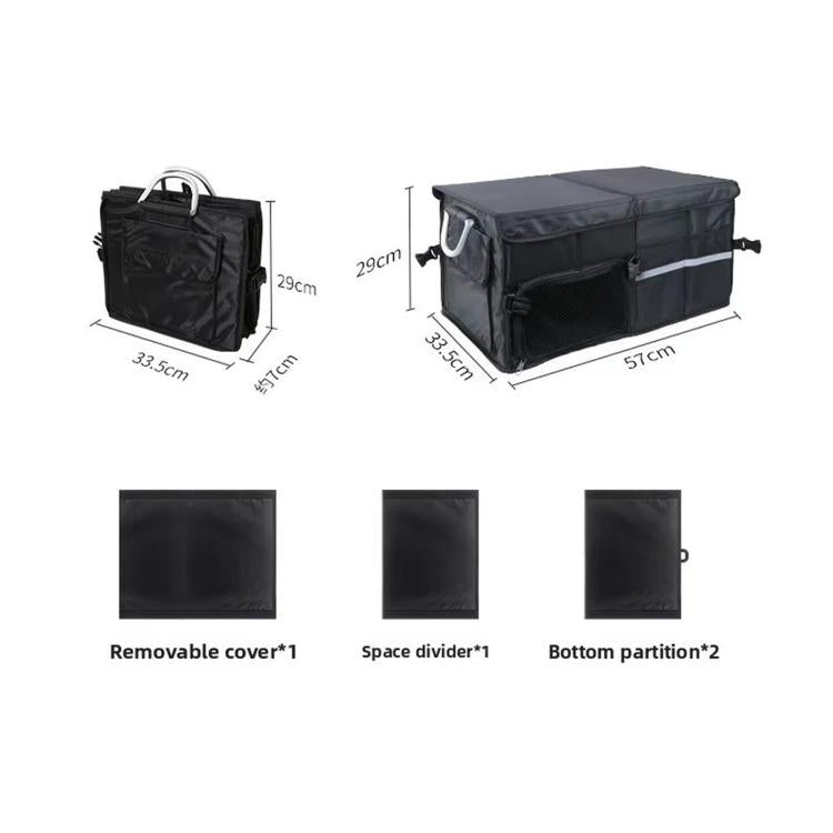55L car trunk storage box with removable cover, divider panels, and shoe storage slot