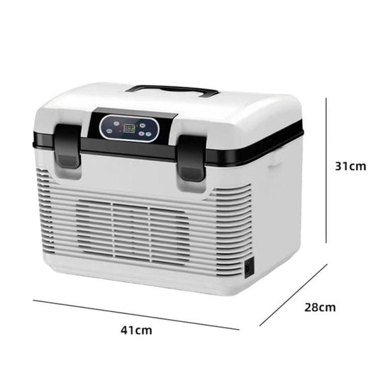 White portable 15L car fridge with black carry handles and digital display panel.