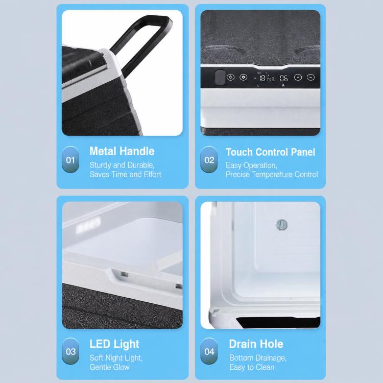 Portable car fridge control panel and handle details with touch buttons and drain hole
