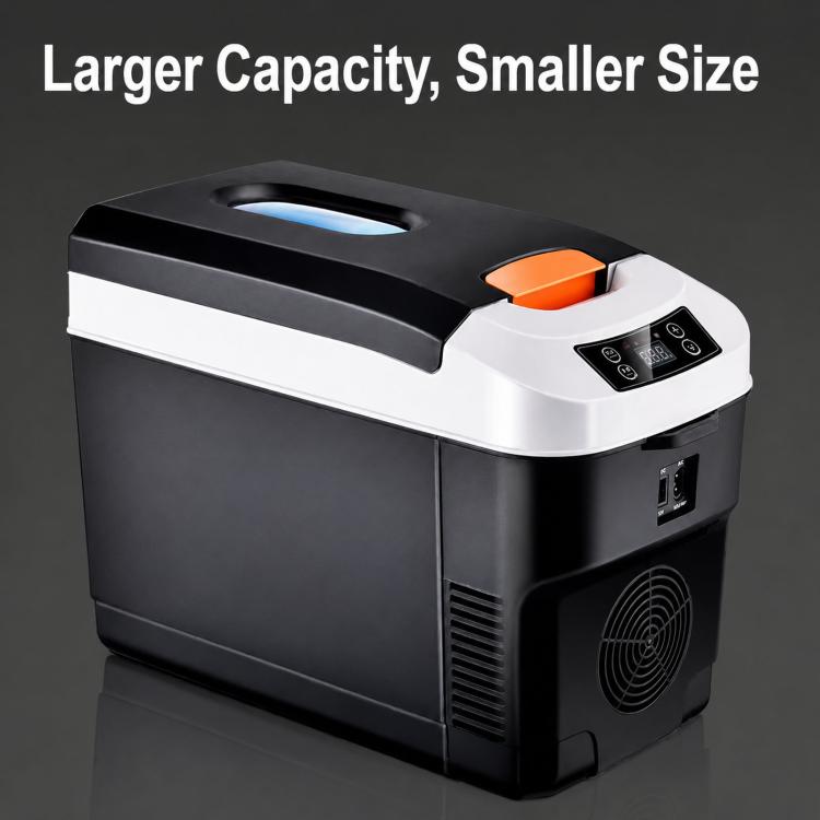 Compact 10L mini car refrigerator with black and white housing, top carry handle, and display