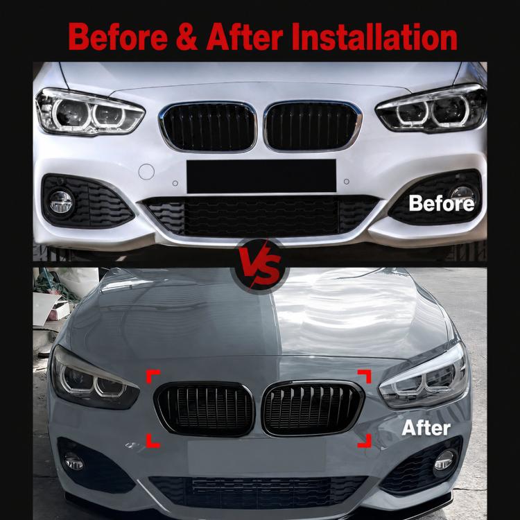 Black BMW front grille with vertical slats shown in before-and-after comparison