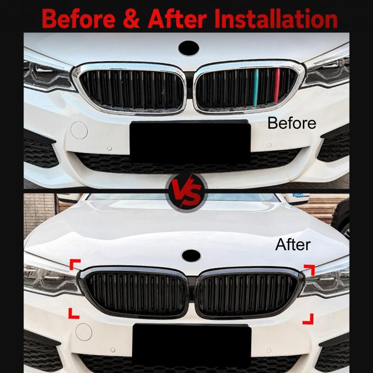 Dual kidney grille inserts with black vertical slats, front view before-and-after