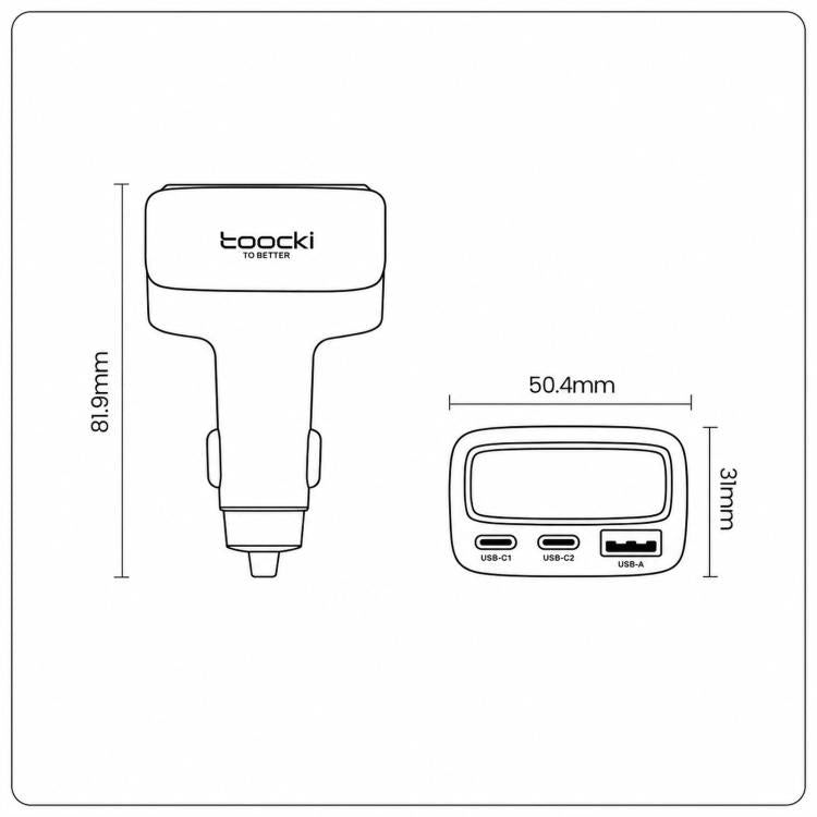 Toocki 3-port car charger diagram showing USB-C and USB-A ports with dimensions