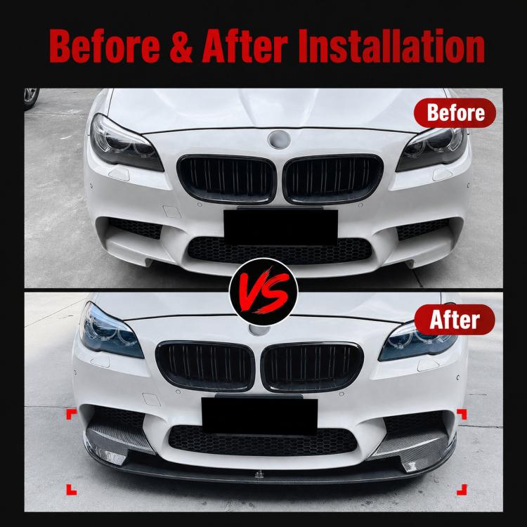 Before and after view of BMW front bumper with installed black front lip trim