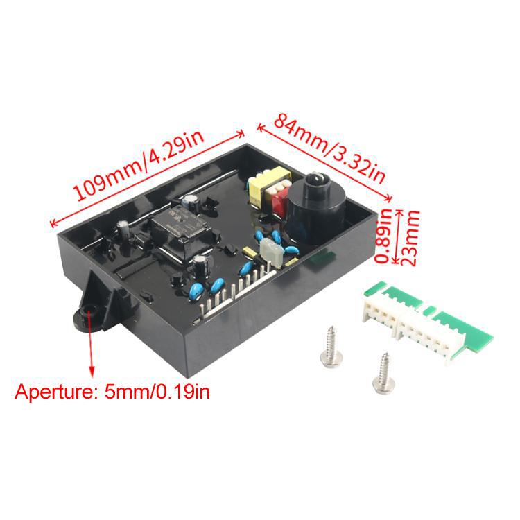 RV water heater control circuit board with green connector and marked size dimensions
