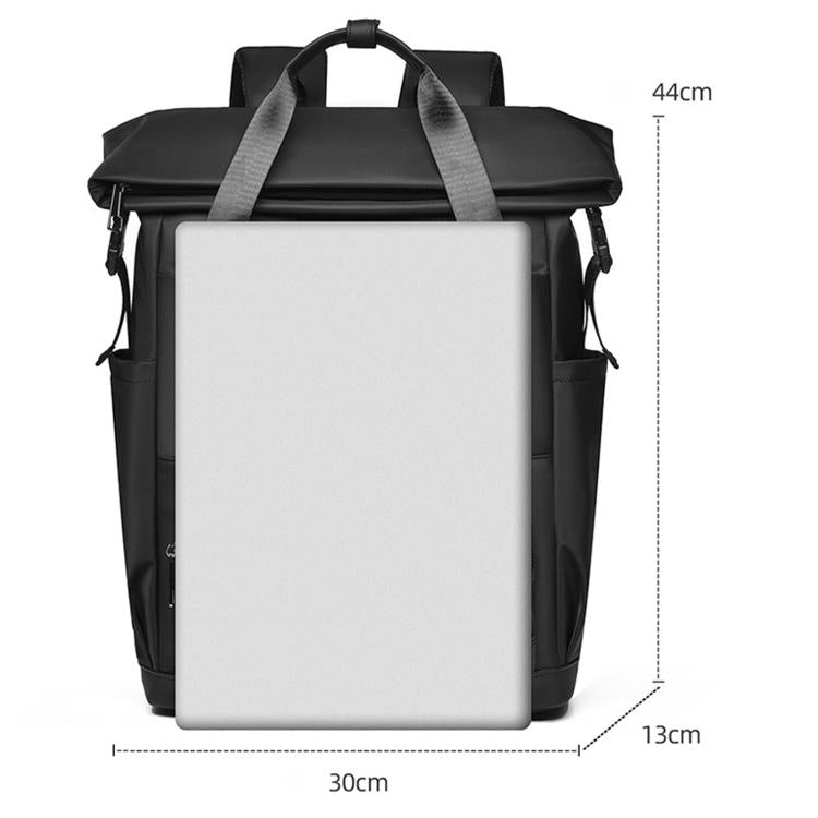 Black laptop backpack with padded front panel and top handle, front zip pocket