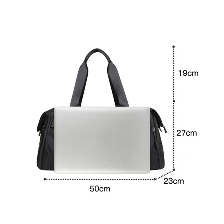 Black gym duffel bag with front panel and drawstring sides; dimensions marked