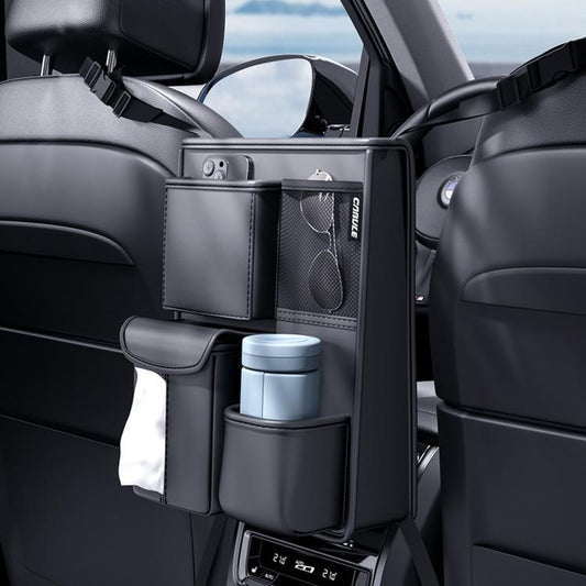 Car seat back storage hanging bag with multiple compartments and bottle holder, dark gray
