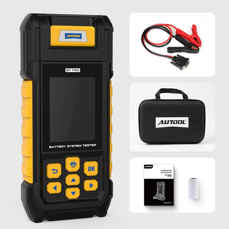 AUTOOL BT760 battery tester kit with clamps, carrying case, manual, and paper roll