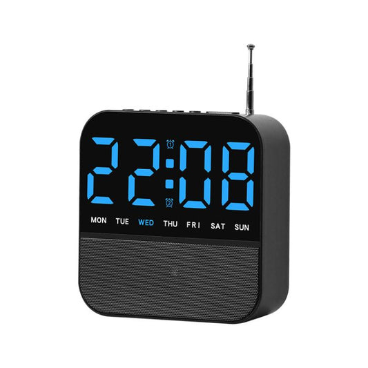 Black digital LED alarm clock radio with blue time display and day-of-week lights