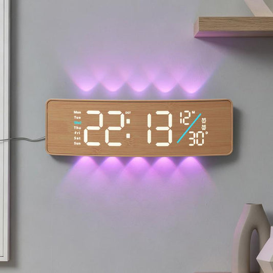 Curved digital LED wall clock with wood frame, white numbers and purple RGB backlight.