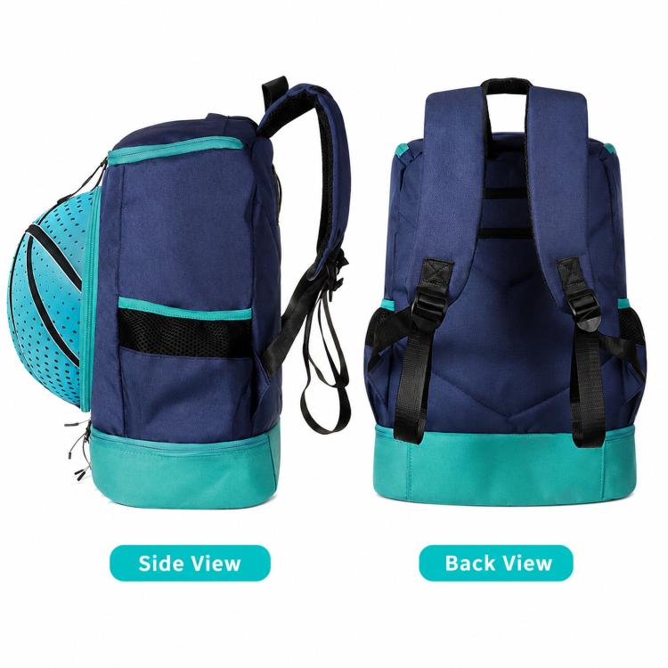 Blue and teal sports backpack, side and back views with ball holder and padded straps