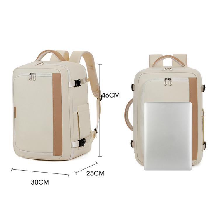 Beige travel backpack with size markings: 30cm x 25cm x 46cm