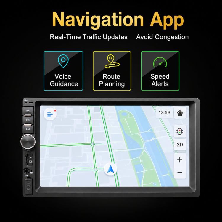 In-dash car stereo with navigation map display on 7-inch touchscreen