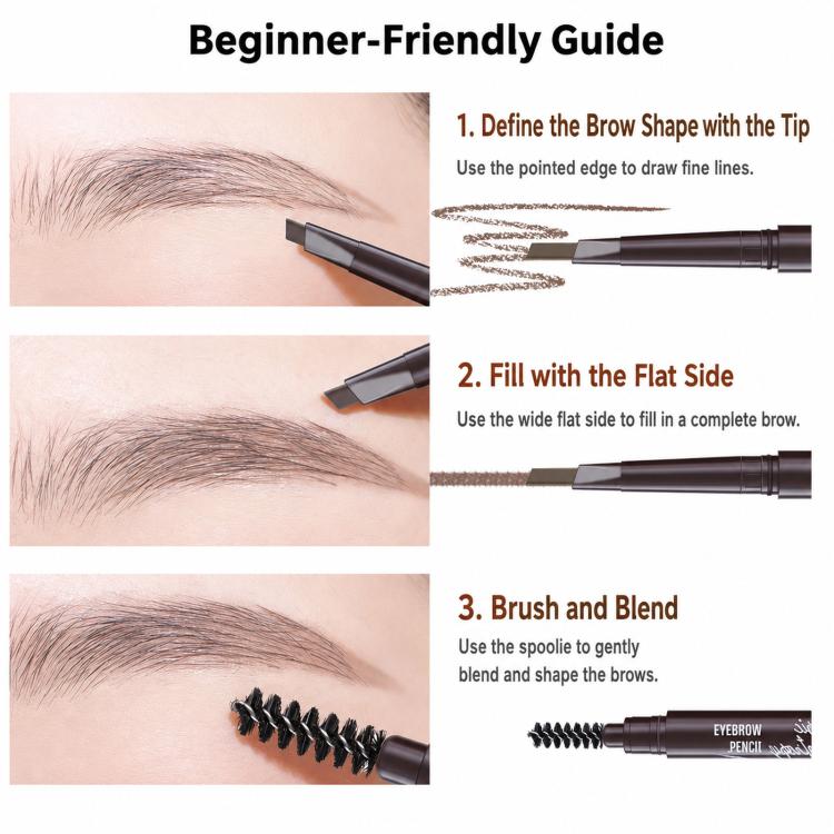 Beginner eyebrow pencil set with pointed tip and spoolie brush for outlining and blending