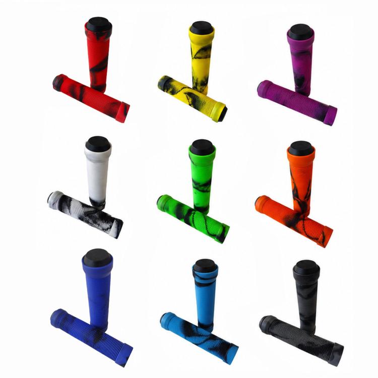 Colorful set of bike handlebar grips in red, yellow, purple, white, green, orange, blue, black
