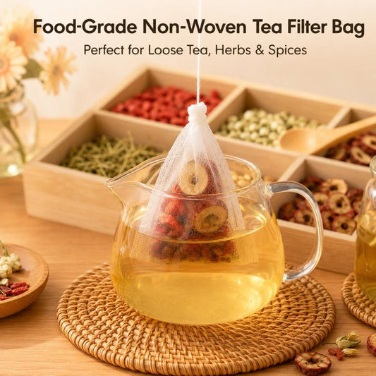Hanging white non-woven tea filter bag filled with herbs