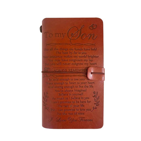 Leather refillable journal, brown cover engraved “To my Son” with floral border