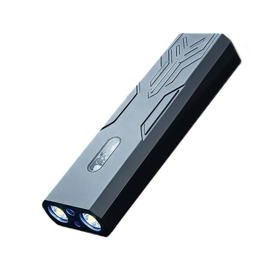 Gray aluminum high-power EDC flashlight with side grooves and dual front LEDs