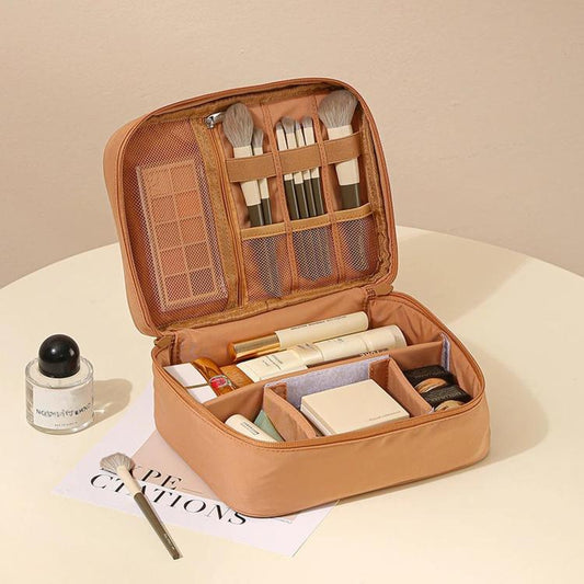 Brown single-layer makeup organizer bag with adjustable dividers and brush holder slots