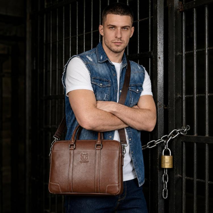 Brown leather briefcase on body with top handles and crossbody strap