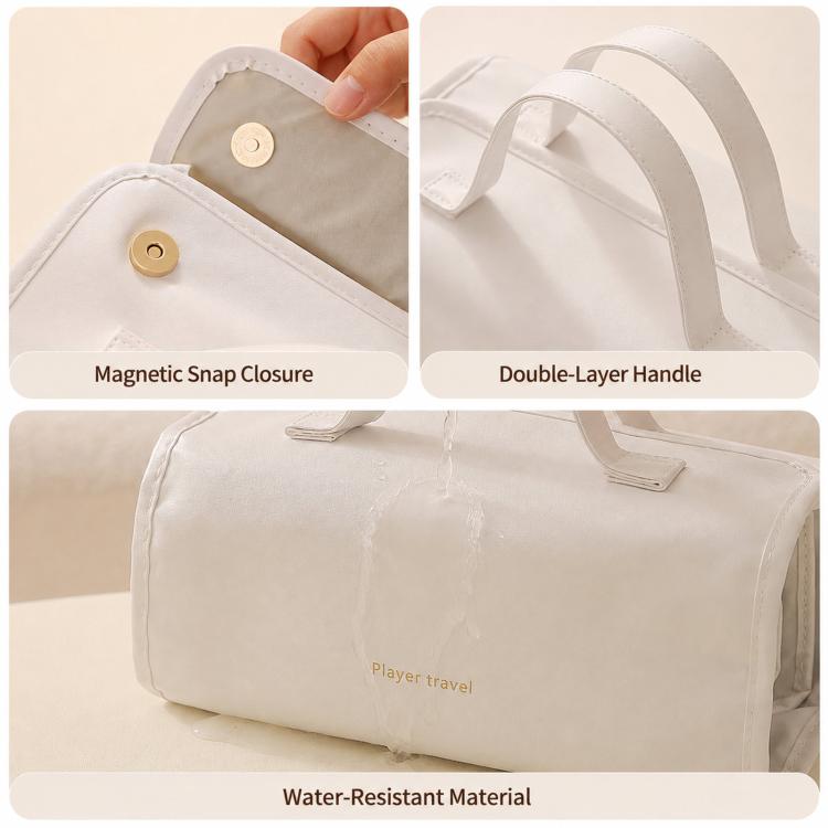 Water-resistant travel makeup bag with magnetic snap closure and double-layer handles