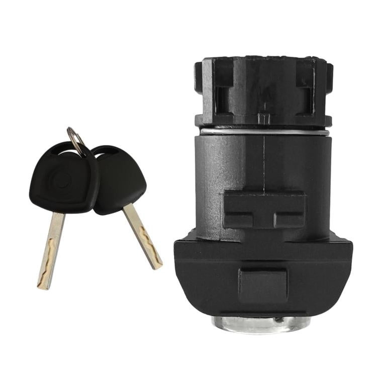 Car door lock cylinder with keys, black body and silver mounting ring