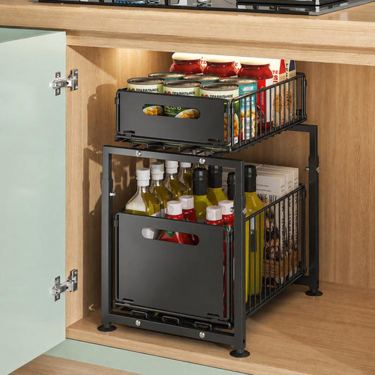2-tier under-sink organizer with two pull-out black metal drawers for bottles and jars