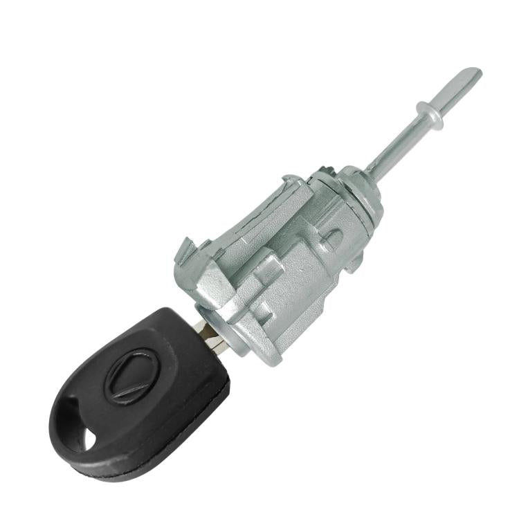 Left door lock cylinder with key: side view silver cylinder with black key fob