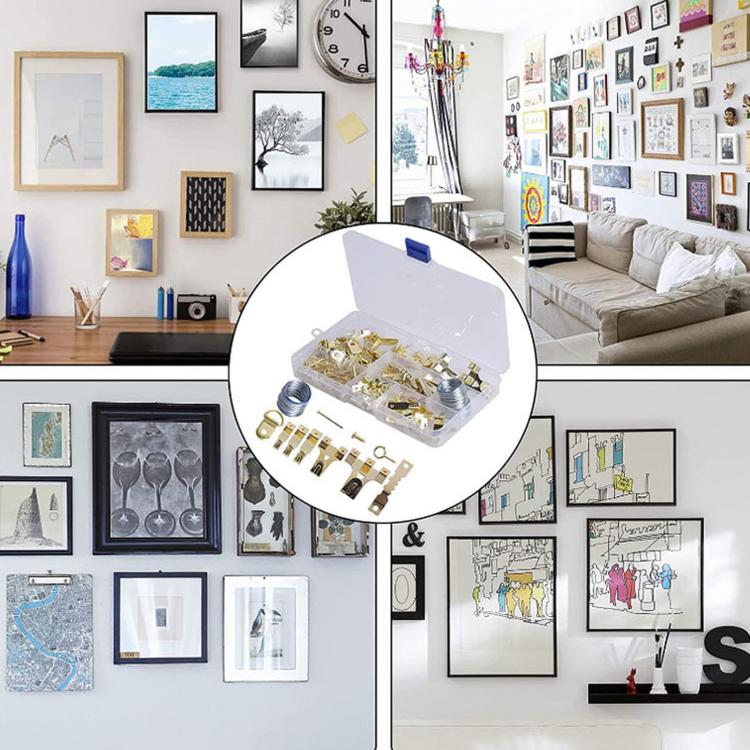Picture hanging hardware kit inset showing gold hooks, screws, and wire spool