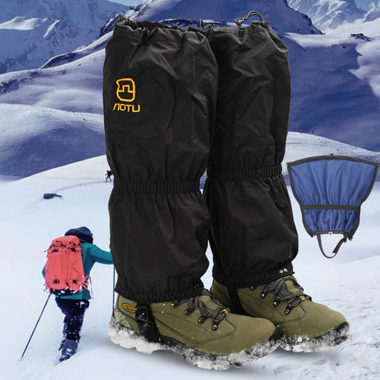 Black waterproof fleece-lined hiking snow gaiters worn over boots with elastic cuffs