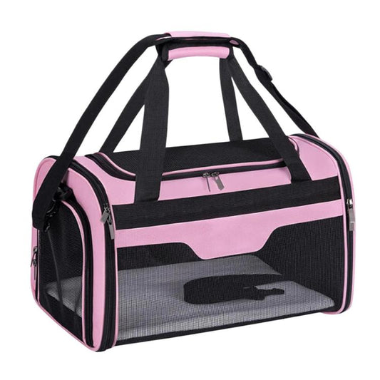 Pink and black soft-sided pet travel bag with mesh windows and zippered front opening.