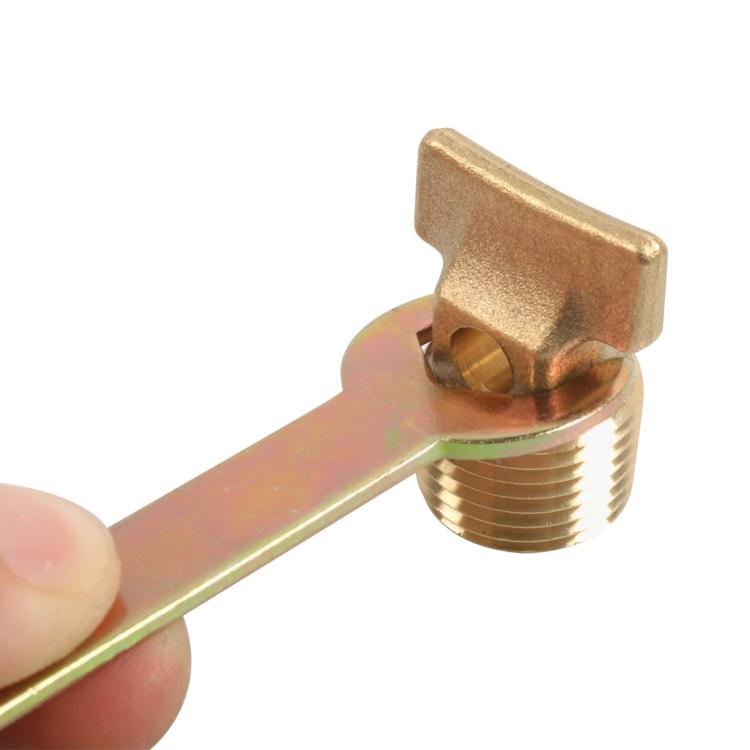 Brass drain plug with lever handle and threaded outlet